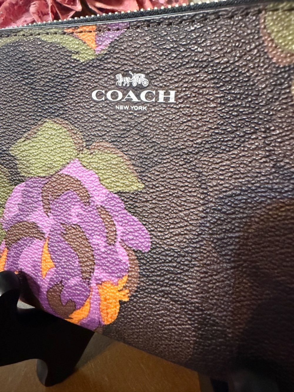 Coach Beautiful Brown Signature Wristlet with Purple & Green Floral Print - Picture 3 of 6